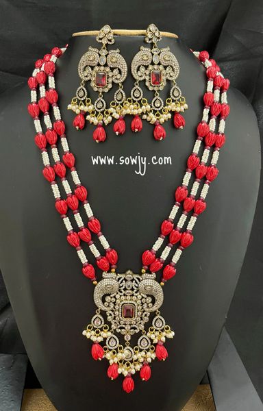 Victorian Finish Grand Pendant with AD Stones in Three Layer Red Coral Tulip Beads Three Layer Long Haaram with Earrings!!!