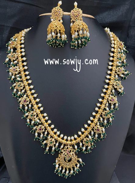 Grand Guttapusalu Long Haaram with Peacock pendant and Matching Jhumkas- Green Emerald and Rice Pearl Hanging Beads!!!