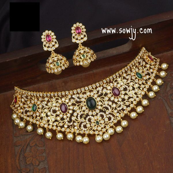 Gold Replica Designer Grand Choker Set with Jhumkas in Gold Finish-Red and Green !!!!