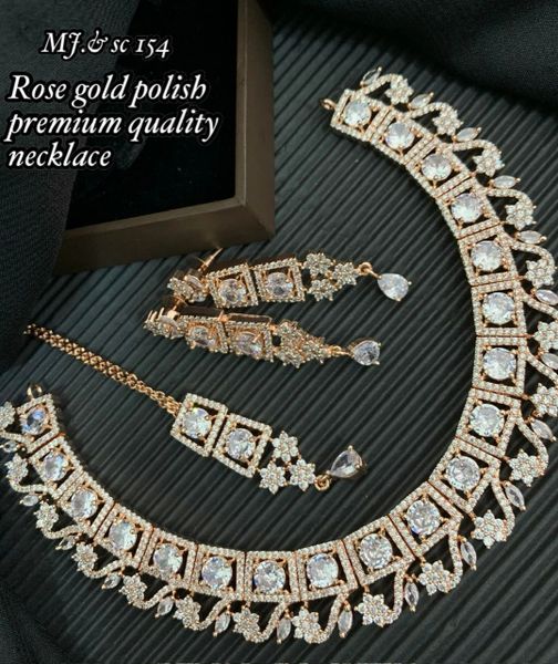 Rose Gold Finish Full AD Stone Designer Necklace with Matching Earrings and Tikka!!!