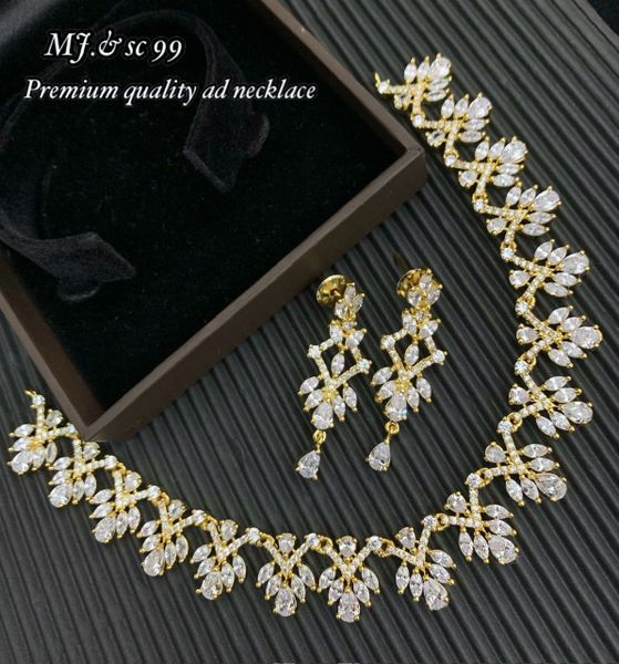 Simple and Trendy AD Stone Floral Necklace with earrings- Full White!!!