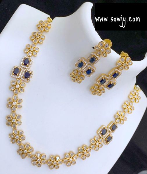 Lovely Floral AD Stone Necklace in Gold Finish with Earrings-Navy Blue Stone!!!!