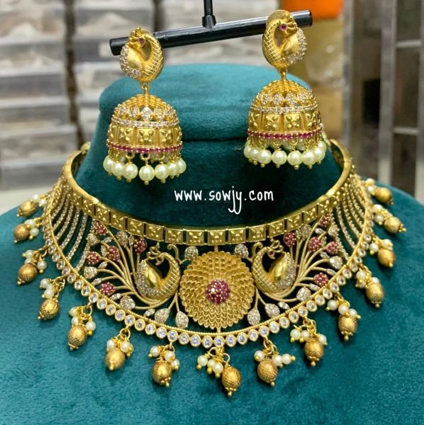 Gold Finish Grand Peacock Design Choker Necklace with Peacock Big Size Light Weighted Jhumkas-Ruby and White!!!