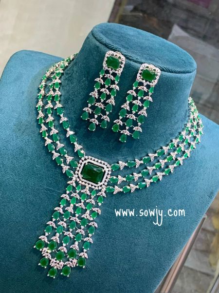 Grand Diamond Finish Three Layer Grand Necklace with Long Light weighted Earrings- Emerald Stones!!!!