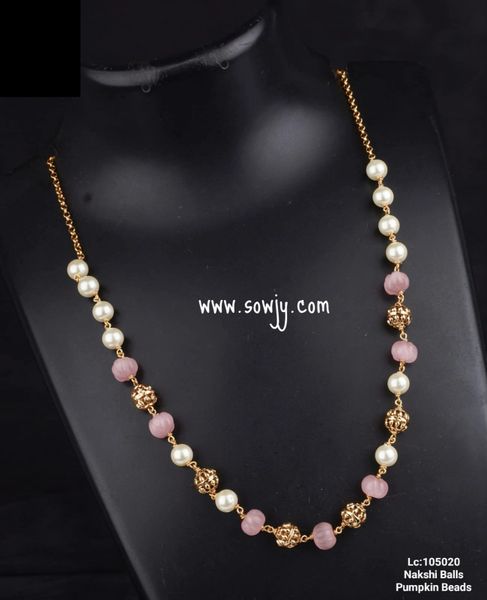 Single Line Pumpkin Beads and Nakshi Gold Beads Maala-Pastel Pink Color -NO EARRINGS!!!