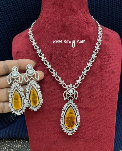Silver Finish AD Stone Necklace with Long Pendant and Long Earrings and Premium Quality Doublet Stone-Honey Color!!!