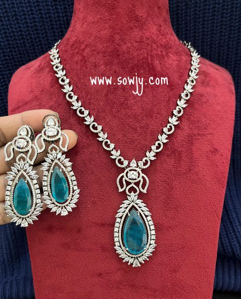 Victorian Finish AD Stone Necklace with Long Pendant and Long Earrings and Premium Quality Doublet Stone-Peacock Blue!!!