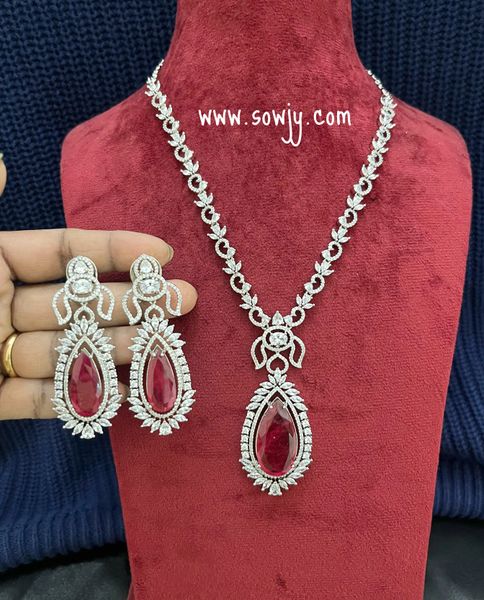 Silver Finish AD Stone Necklace with Long Pendant and Long Earrings and Premium Quality Doublet Stone-RED!!!