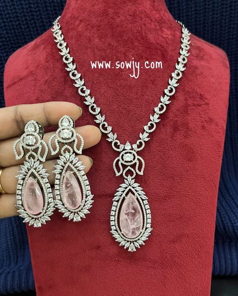 Victorian Finish AD Stone Necklace with Long Pendant and Long Earrings and Premium Quality Doublet Stone-Pastel Pink!!!