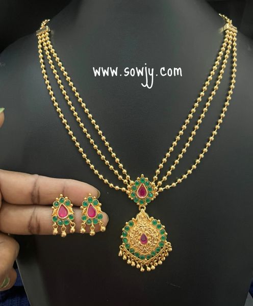 Micro Gold Polish Floral Pendant Three Layer Ball Chain MidLength necklace with Matching Earrings- Green and Red!!!