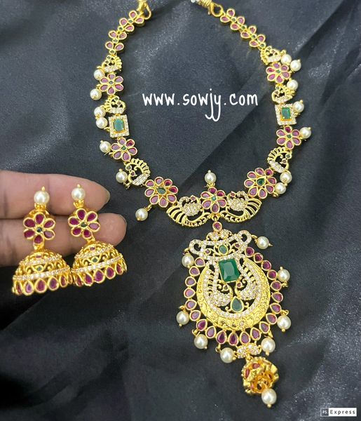 Micro-Gold Polish Peacock Short Necklace with Medium Size Jhumkas!!!!