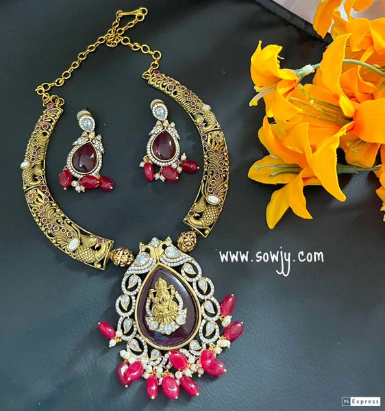 Very Big Doublet Stone Pendant with Lakshmi and Peacock Design Kante Type Necklace with Earrings-Red!