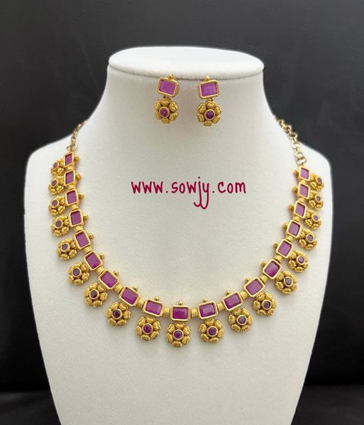 Simple and Elegant Flower Pattern Gold Finish Necklace and Earrings- Ruby Red!!!!