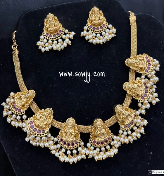Nakshi Design( 3D Embossed) Lakshmi Pendant Short Temple Jewelry Style Necklace with Earrings in Gold Finish!!!!!