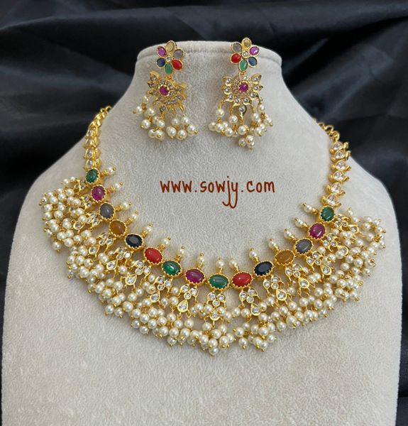 Navarathna Stone Pearl Gungroo Necklace in Gold Finish with Earrings!!!!!