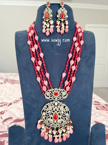 Victorian Finish Grand Big Peacock Pendant with Coral Center Stone and Tulip Beads and Earrings- CORAL RED COLOR and PINK!!!