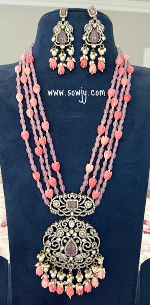 Victorian Finish Grand Big Peacock Pendant with Coral Center Stone and Tulip Beads and Earrings- PASTEL PINK!!!