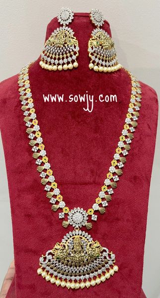 New Designer Two Tone-Gold and Diamond Finish Lakshmi Big Pendant Long Haaram with Big Light Weighted Earrings!!!!