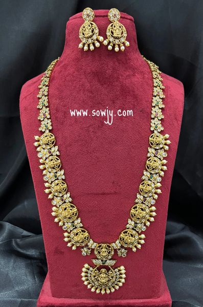 Gold Replica Grand Lakshmi Nakshi Pattern Long Haaram with Earrings-Gold Finish!!!