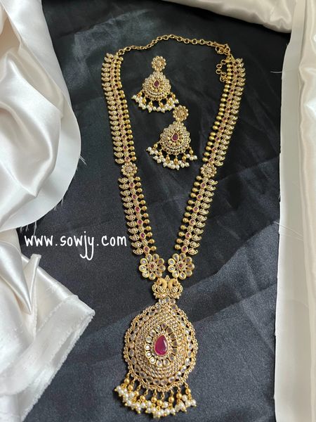 Grand Big Pendant Floral Design Long Gold Finish Raani Haaram with Big Light Weighted Earrings- Ruby Red !!!!