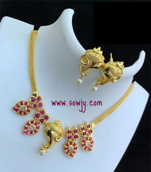Gold Finish Sangu Pendant Necklace with Matching Earrings- Ruby and White !!!