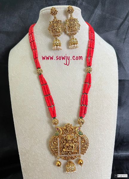 Lakshmi Designer Nakshi Pattern Coral Designer Beads Layered Long Haaram with Long Earrings!!