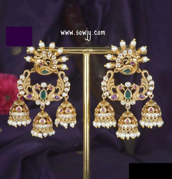 Light Weighted Peacock Bali Style Earrings with Small Hanging Jhumkas!