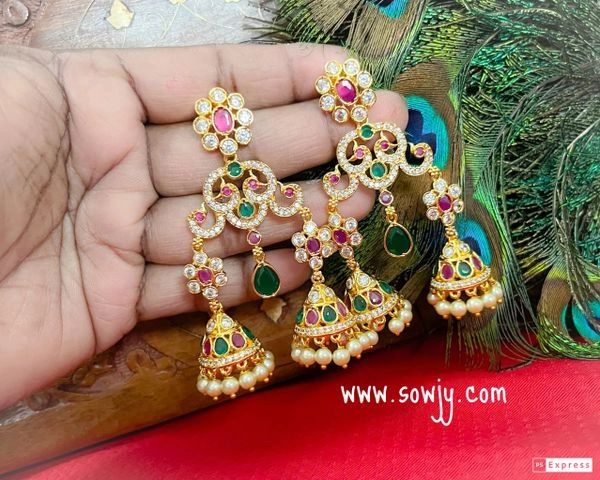 Beautiful Designer Double Jhumka Pattern Long Earrings with AD Stones-Ruby,Emerald and White!!!!!