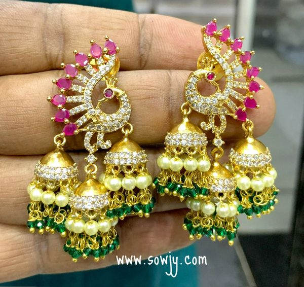Lovely Peacock AD Stone Triple Jhumkas -Ruby Emerald and White !!!