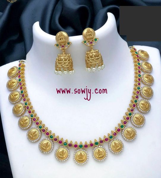 Lakshmi Coin Design Short Necklace with Kemp Stones-Real Gold Replica Design with Medium Size Jhumkas!!!!!