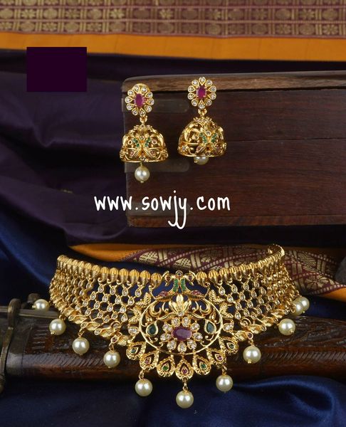 Floral Pattern Peacock Gold Replica Choker Set with Jhumkas in Gold Finish !!!