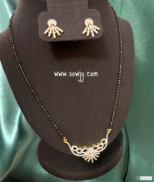 Single Line Mangalsutra Black Beads Chain with Diamond Finish Pendant and Earrings -Design 1 !!!