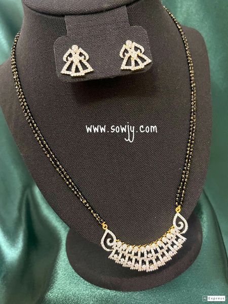 Two Line Mangalsutra Black Beads Chain with Diamond Finish Pendant and Earrings -Design 2 !!!