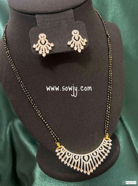 Two Line Mangalsutra Black Beads Chain with Diamond Finish Pendant and Earrings -Design 3 !!!