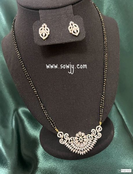 Two Line Mangalsutra Black Beads Chain with Diamond Finish Pendant and Earrings -Design 4 !!!