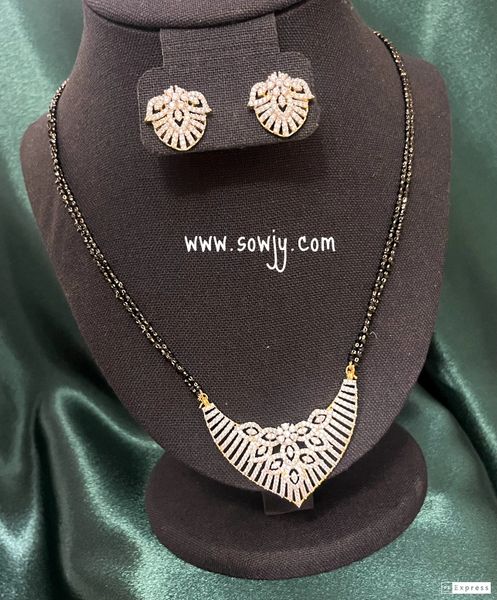 Two Line Mangalsutra Black Beads Chain with Diamond Finish Pendant and Earrings -Design 5 !!!