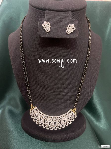Two Line Mangalsutra Black Beads Chain with Diamond Finish Pendant and Earrings -Design 6 !!!