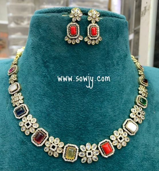 Elegant Trendy Floral Pattern Victorian Finish Short Necklace with Earrings- Multi-Color Stones !!!!