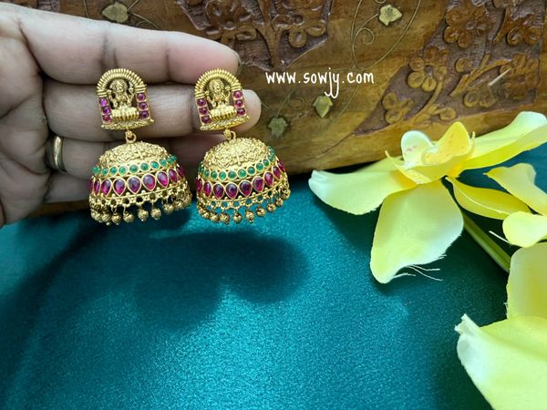 Beautiful Lakshmi Kemp Stone Temple Style Jhumkas- Ruby and Emerald !!!