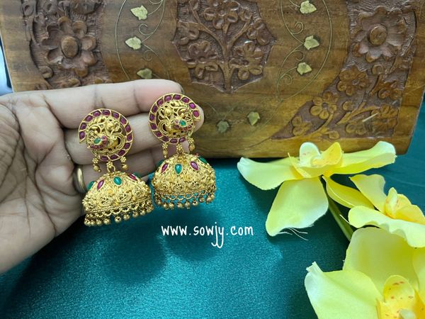 Peacock Studs Nakshi Pattern Gold Finish Big Size Jhumkas- Ruby and Emerald !!!