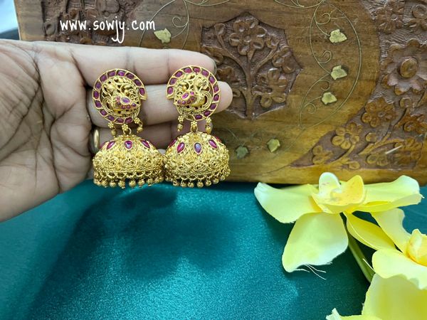 Peacock Studs Nakshi Pattern Gold Finish Big Size Jhumkas- Ruby !!!