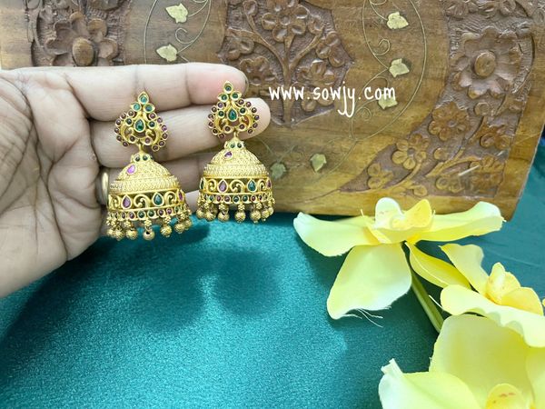 Floral Pattern Jhumkas -Just Like Real Gold Replica- Ruby and Emerald !!!
