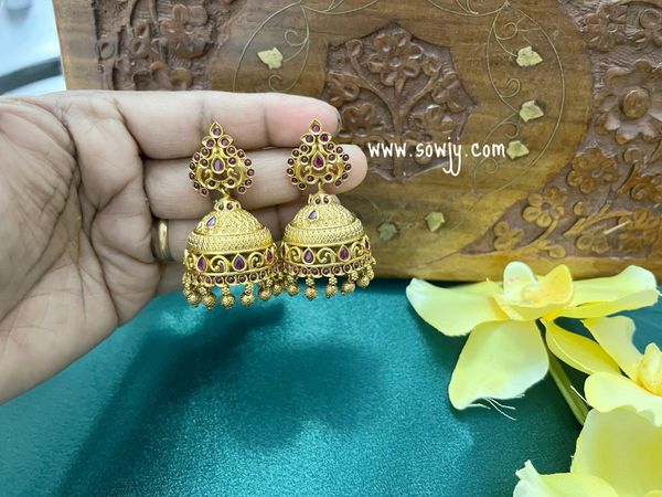 Floral Pattern Jhumkas -Just Like Real Gold Replica- Ruby !!!