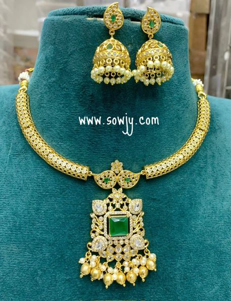 Beautiful Kante AD Stone Pendant necklace with Jhumkas- Green Stones !!!