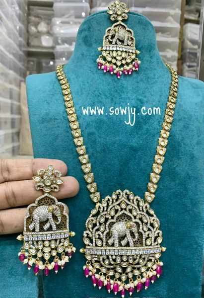 Grand Victorian Finish Very Big Elephant Pendant Long Haaram with Long and Big Light Weighted Earrings- Ruby Hanging Beads!!!!