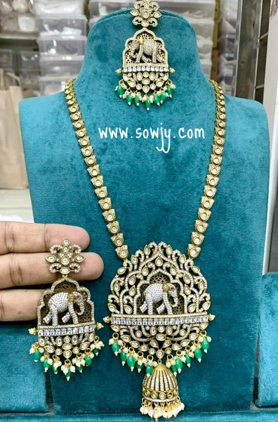 Grand Victorian Finish Very Big Elephant Pendant with Jhumka at the Bottom Long Haaram with Long and Big Light Weighted Earrings- Emerald Hanging Beads!!!!