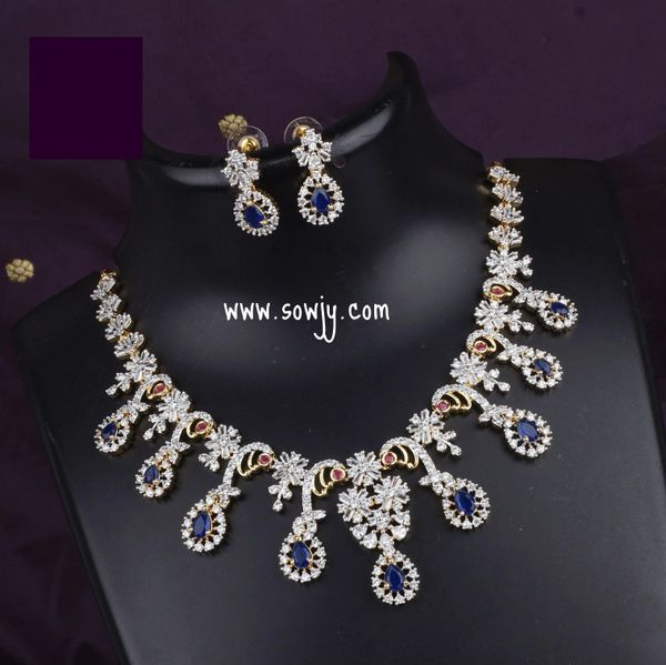 Lovely Peacock Design Diamond Look Alike Short necklace with Earrings- Sapphire/Blue !!!