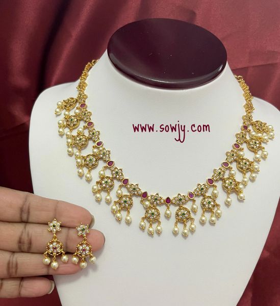Small Size Bottu Design Short Necklace with Small Earrings in Gold Finish !!!