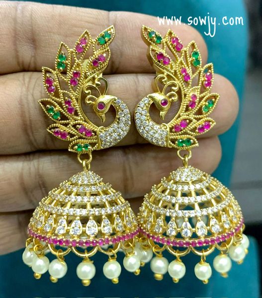 Big Size Light Weighted AD Stone Peacock Jhumkas -Ruby,Emerald and White !!!