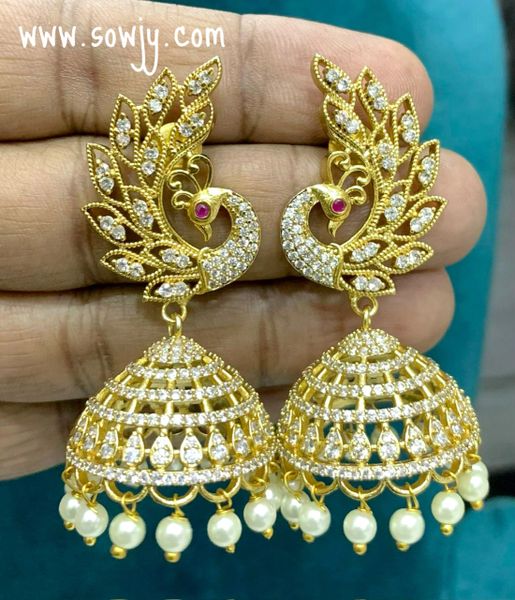 Big Size Light Weighted AD Stone Peacock Jhumkas -White !!!